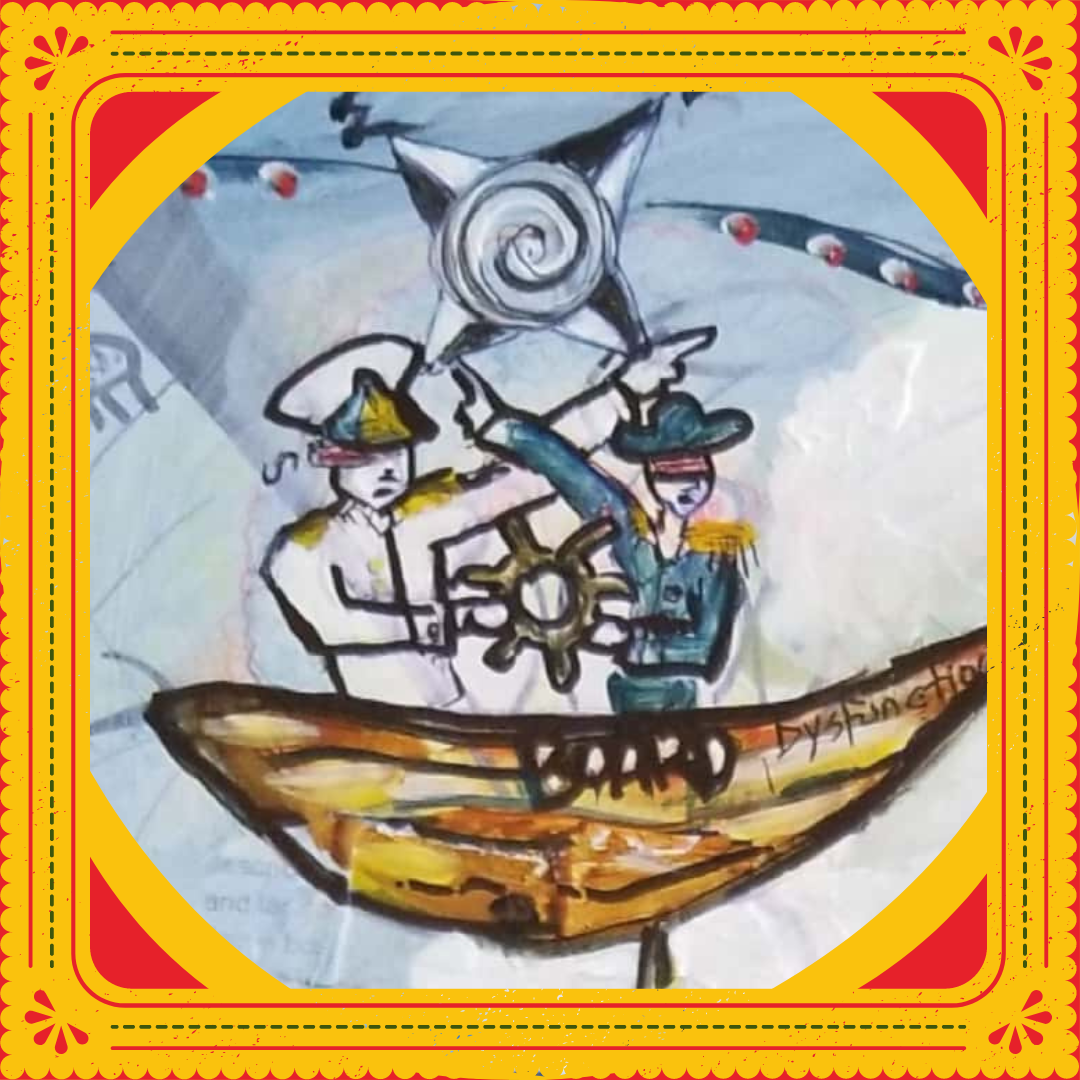 Two captains in a boat, both holding the helm, pointing in opposite directions. Above them is a compass that is off-kilter.