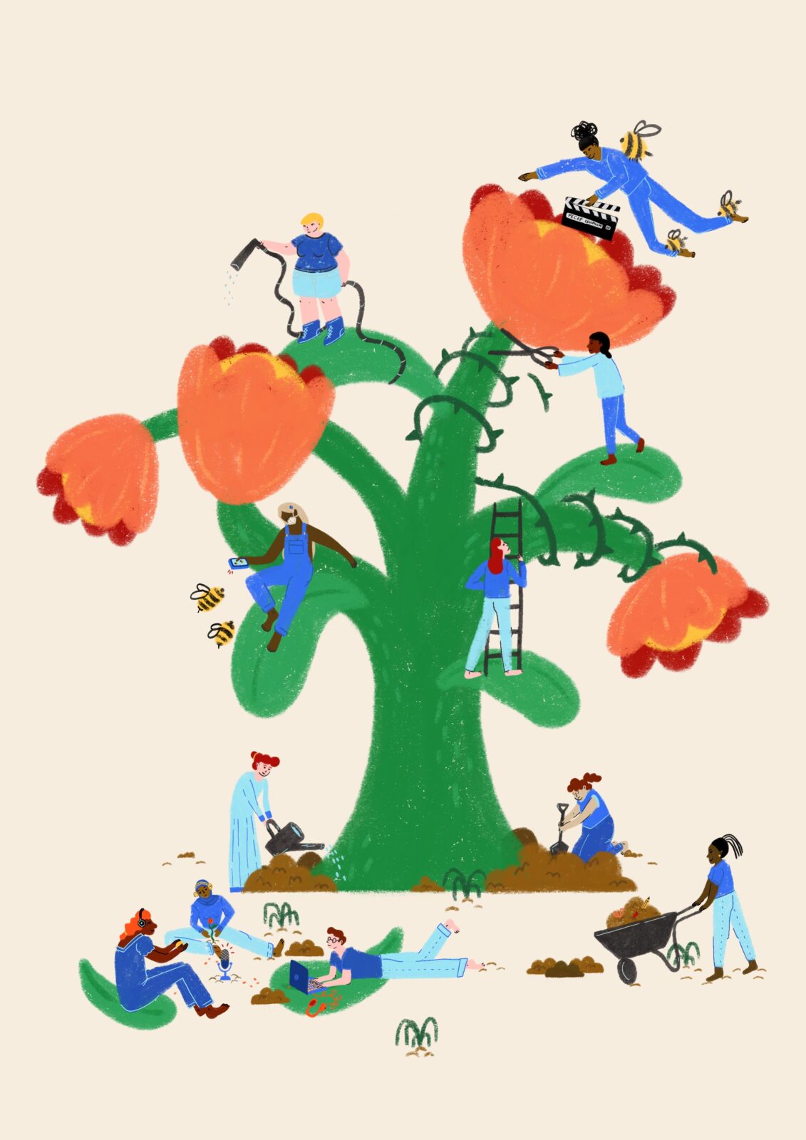 Illustration of a large plant with pink flowers, with several people climbing on it to water it, prune it, take pictures, etc. Three people are seated in front recording a podcast while another pushes a wheelbarrow.