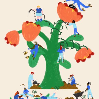 Illustration of a large plant with pink flowers, with several people climbing on it to water it, prune it, take pictures, etc. Three people are seated in front recording a podcast while another pushes a wheelbarrow.