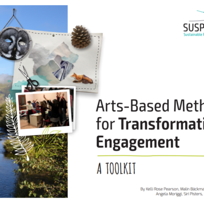 The left half of the image shows a collection of photos, drawings, and arts tools laid over a picture of a river landscape. The right side contains text which reads "Arts-Based Methods for Transformative Engagement: A Toolkit"