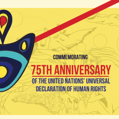 A yellow background with a faint sketch drawing of a woman outdoors. In the top left corner is a blue, yellow, teal, and red logo, with a red line behind it on an angle. Text reads "commemorating 75th anniversary of the united nations universal declaration of human rights".