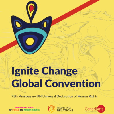 A yellow background with a faint drawing of a woman outdoors. A blue, yellow, teal, and red logo is in the top left corner. Text reads "Ignite Change Global Convention: 75th Anniversary of the Universal Declaration of Human Rights".