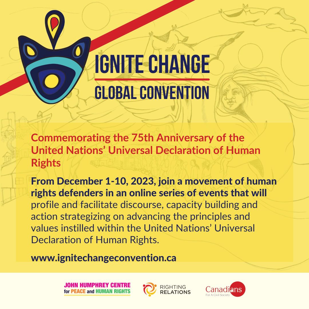Ignite Change Global Convention program poster general on yellow background with blue and red design.