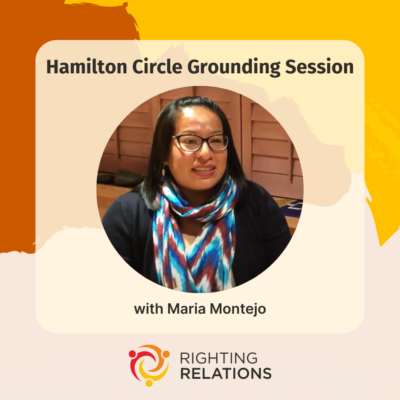 A photo of an Indigenous woman with black hair and glasses wearing a scarf with a red, white, blue, and cyan zig-zag pattern. Text reads "Hamilton Circle grounding session with Maria Montejo"