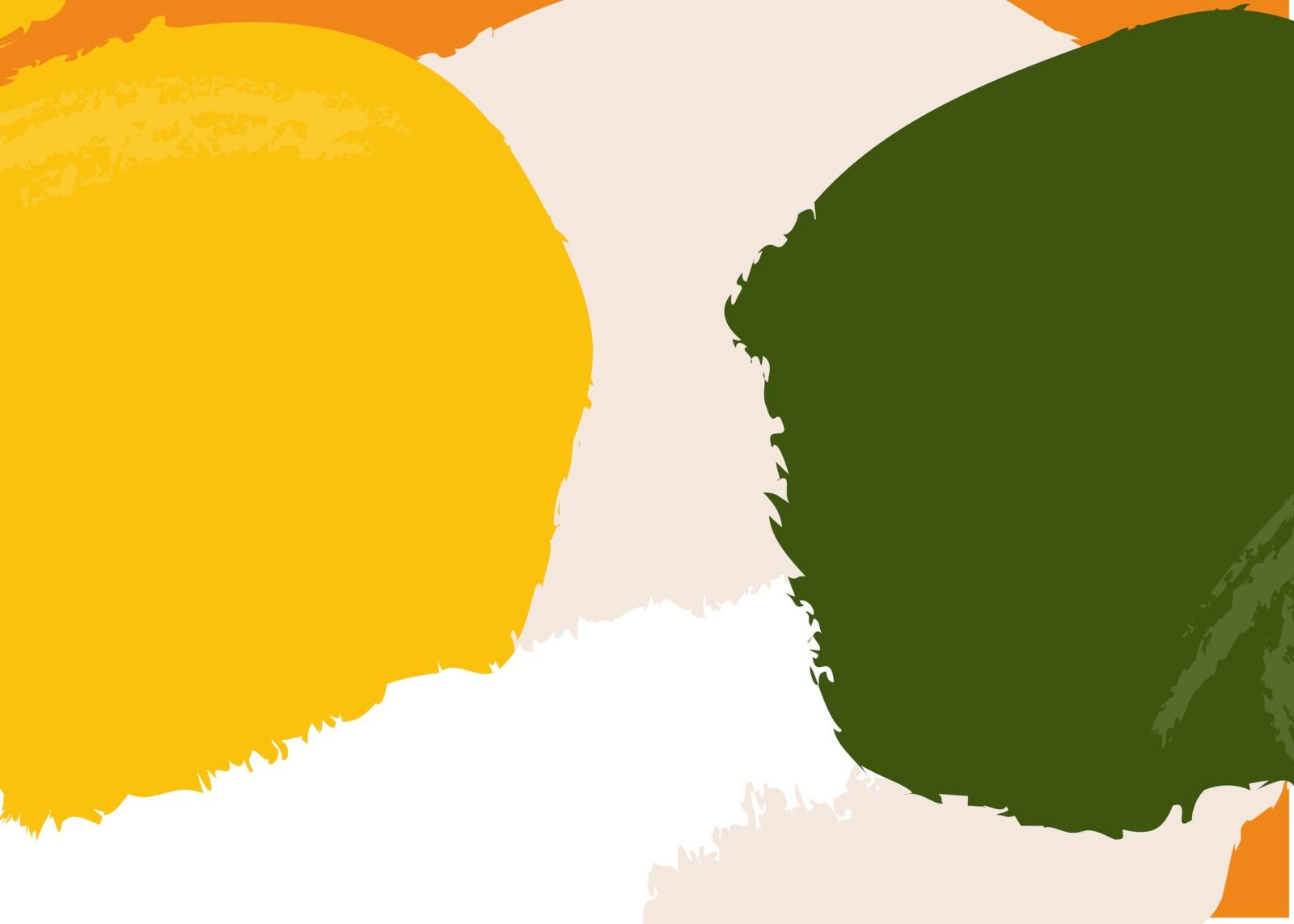 An abstract design of bright yellow, dark green, white, and orange shapes against a pale peach background.
