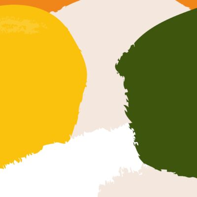 An abstract design of bright yellow, dark green, white, and orange shapes against a pale peach background.