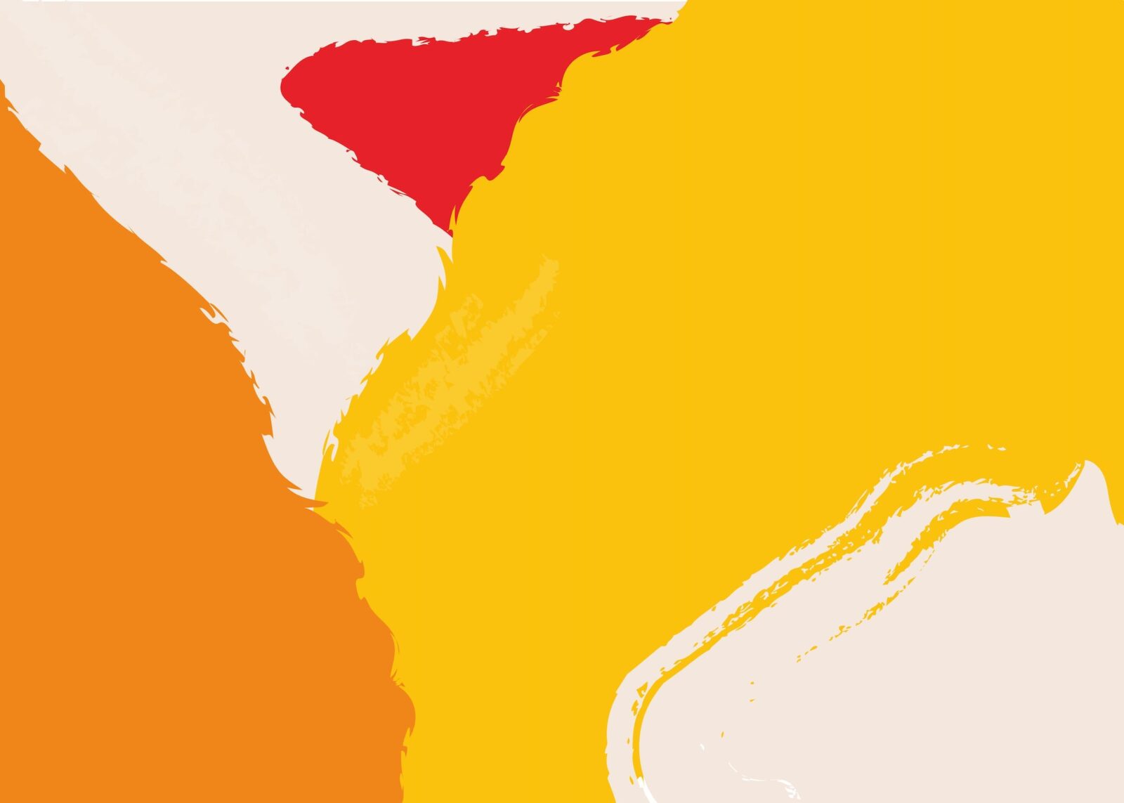 An abstract design with bright yellow, red, and orange shapes against a pale peach background.