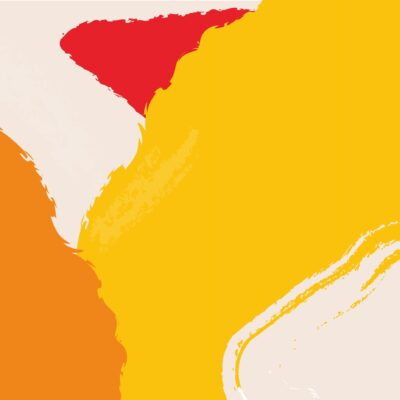 An abstract design with bright yellow, red, and orange shapes against a pale peach background.