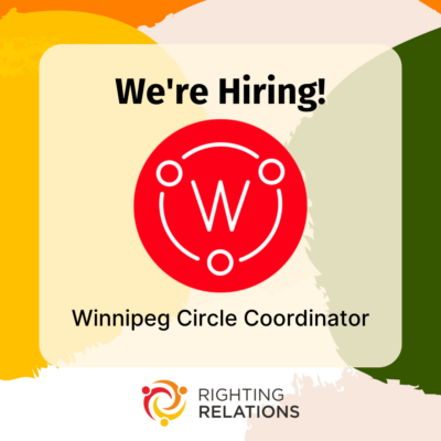 Text against a background of abstract shapes reads "We're hiring! Winnipeg Circle Coordinator". In the Centre is a logo featuring a white W in a red circle.