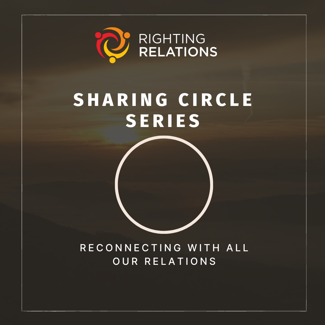 A dark grey textured background with a yellow outline of a circle in the centre. Text on top and beneath the circle reads "Sharing Circle Series: Reconnecting with All Our Relations."