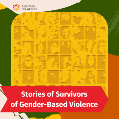 A stylized collage of faces colourized in yellow and orange tones is at the centre, with a border of abstract shapes in green, orange, and peach. A banner over the collage reads "Stories of Survivors of Gender-Based Violence".