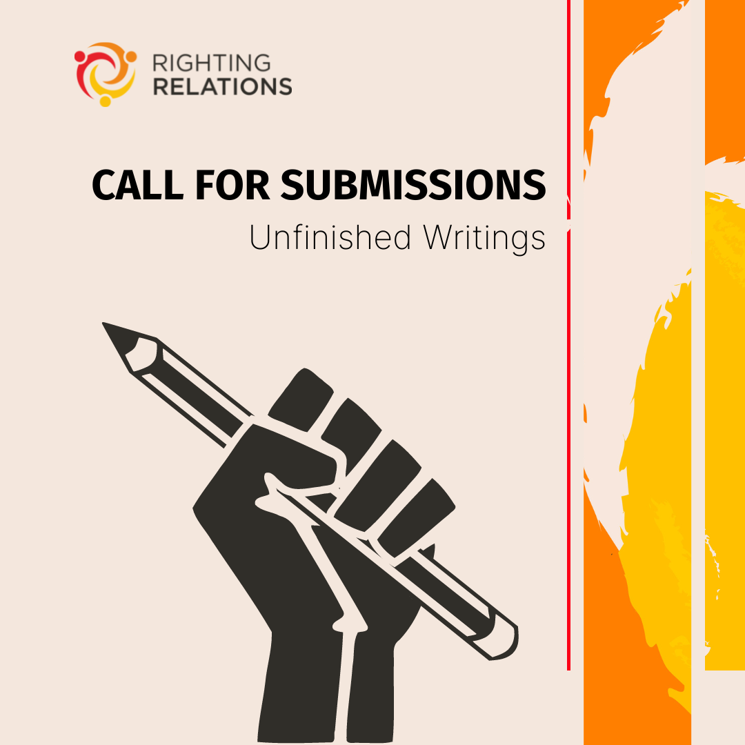 In the centre of the image is a drawing of a fist clenching a pencil. Above this, text reads "call for submissions: unfinished writings". To the right are abstract designs in red, yellow, and orange.