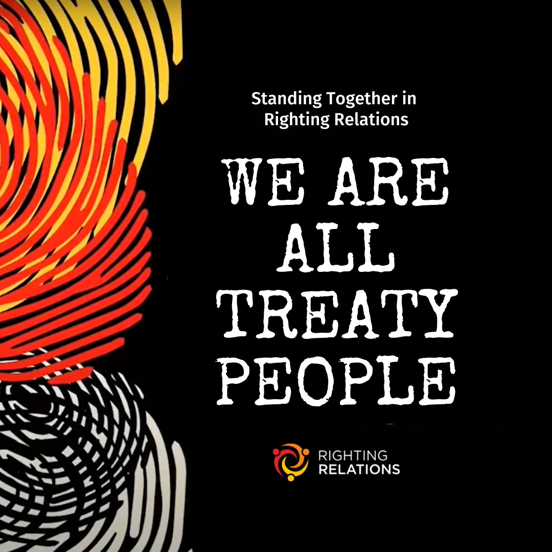 A black background with overlapping thumbprints in orange, yellow, and white along the left side of the image. White text to the right reads "Standing Together in Righting Relations: We Are All Treaty People."